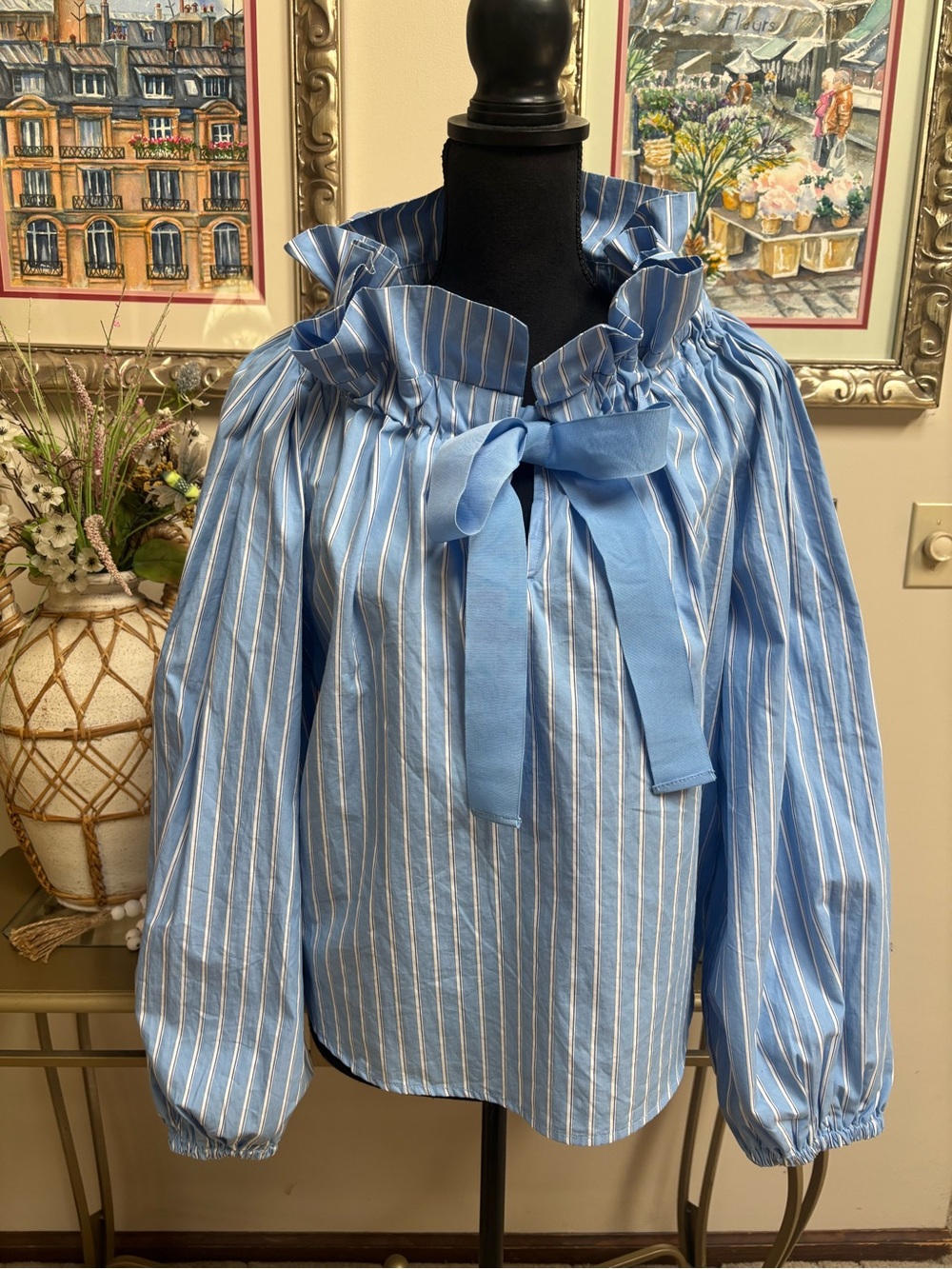 FREE ASSEMBLY Light Blue Striped Ruffle Tie-Neck Blouse Poplin Cotton Top Size M - Picture 2 of 9